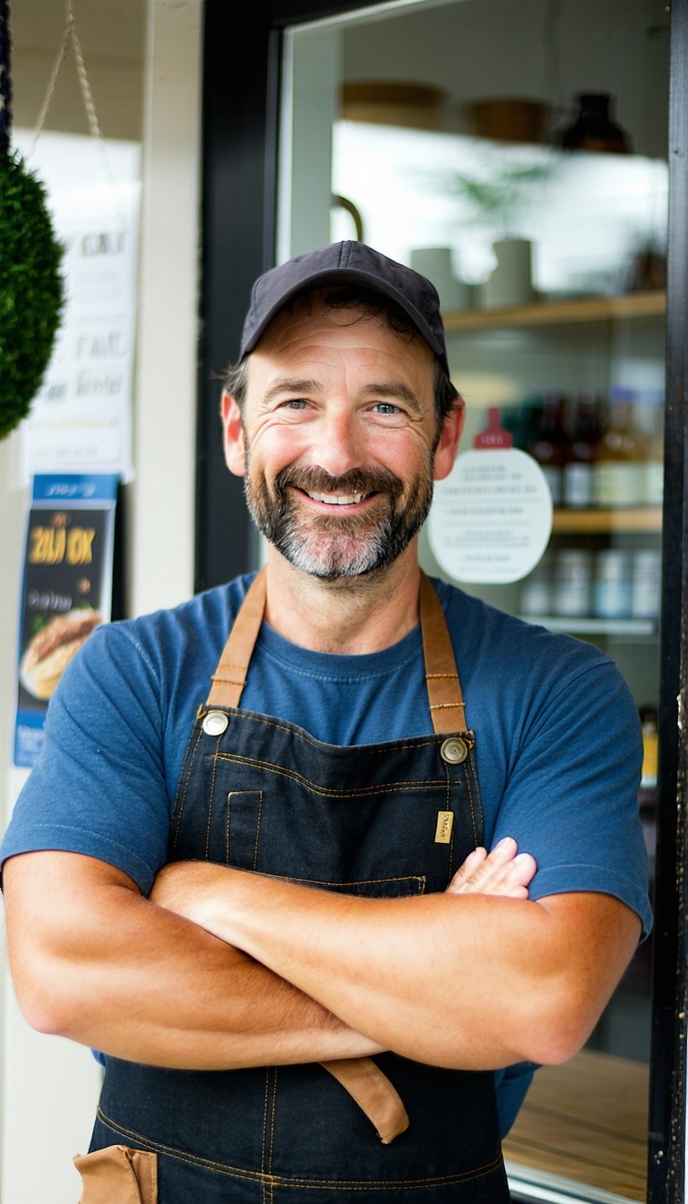 portrait of business owner smiling in front of a store front with their arms crossed